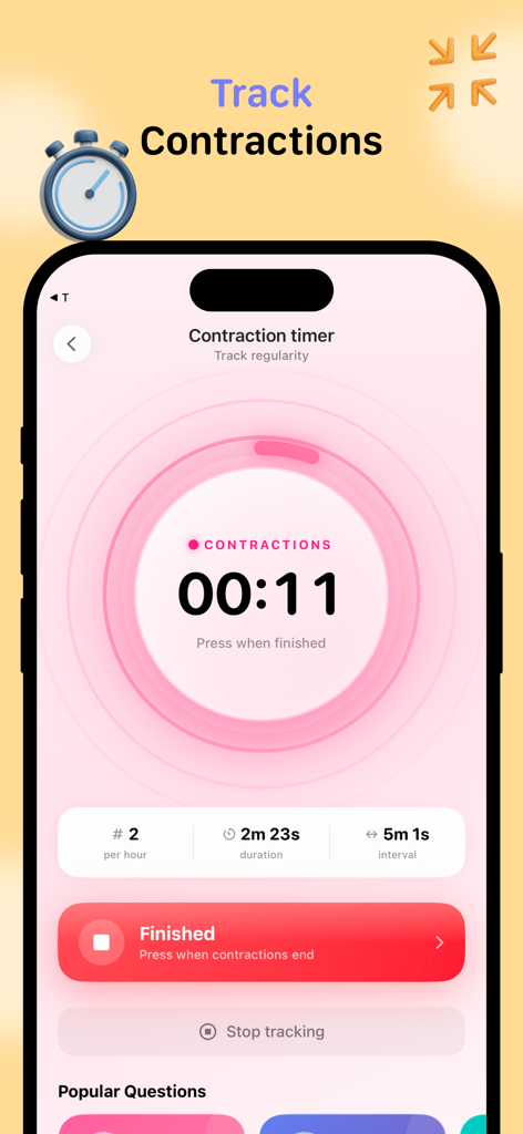 The Mama Ai app contraction timer interface showing real-time tracking of duration and frequency for expectant mothers.