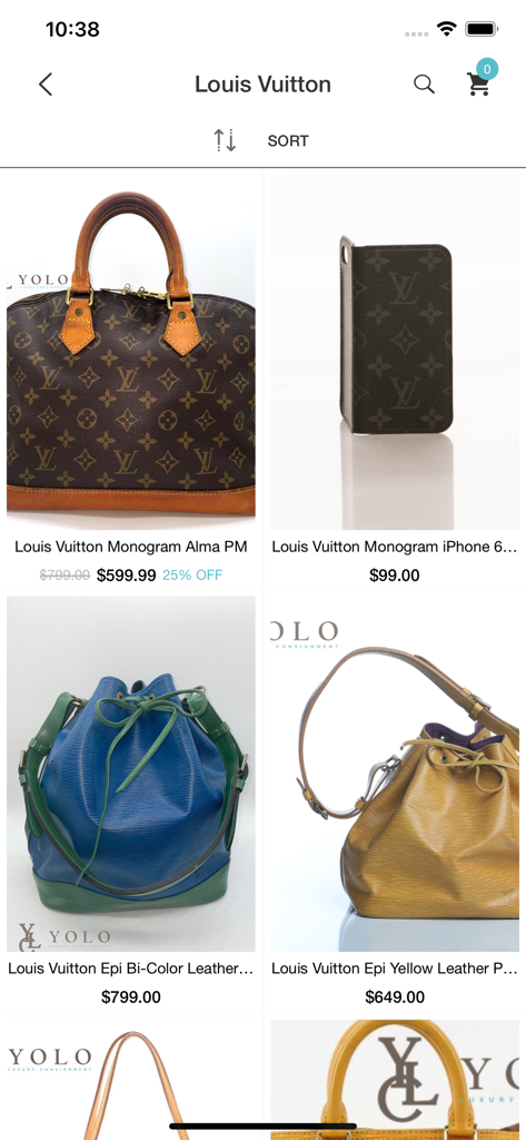 A mobile screen showing various authentic pre-owned Louis Vuitton handbags and accessories for sale