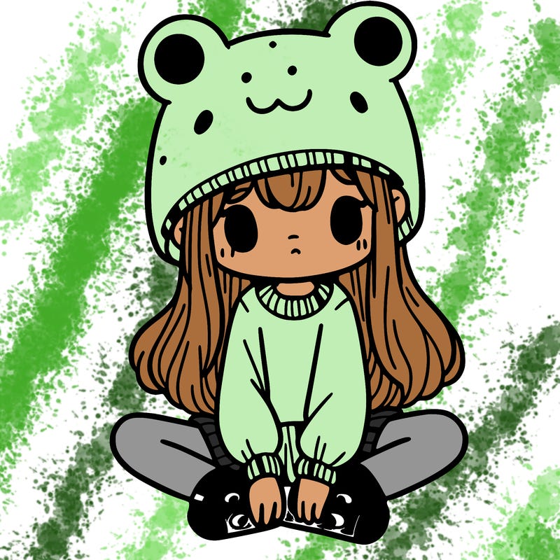 a girl wearing a frog hat and some frog socks