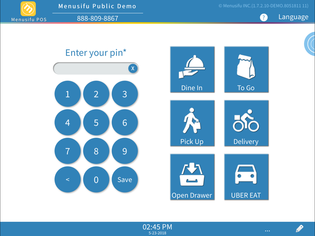 Menusifu Matrix - Interface of Menusifu Matrix POS on iPad featuring a pin entry pad and restaurant order service options