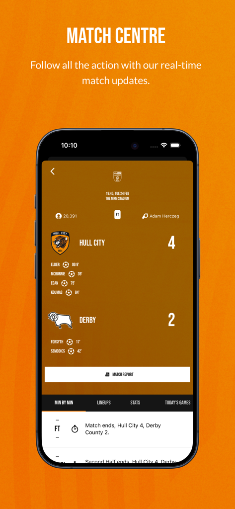 Hull City - Screenshot of the Hull City app Match Centre showing a game score of 4 to 2 against Derby with real-time updates.