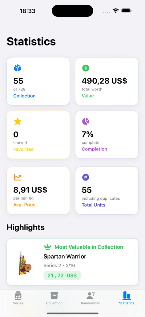 Panel de estadísticas de la aplicación Minifigures Tracker que muestra el valor total de la colección, el porcentaje de completitud y los puntos destacados, como la minifigura más valiosa.