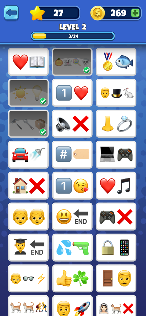 Emoji Quiz - Guess the Emojis - A gameplay screen from Emoji Quiz showing a grid of various emoji puzzles to solve on level 2.