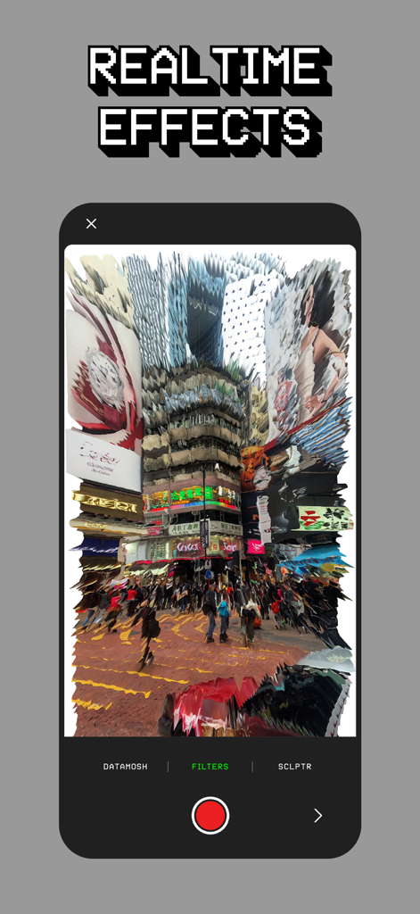 Glitché: Digital Art - Glitche app interface displaying realtime 3D digital art and datamosh effects