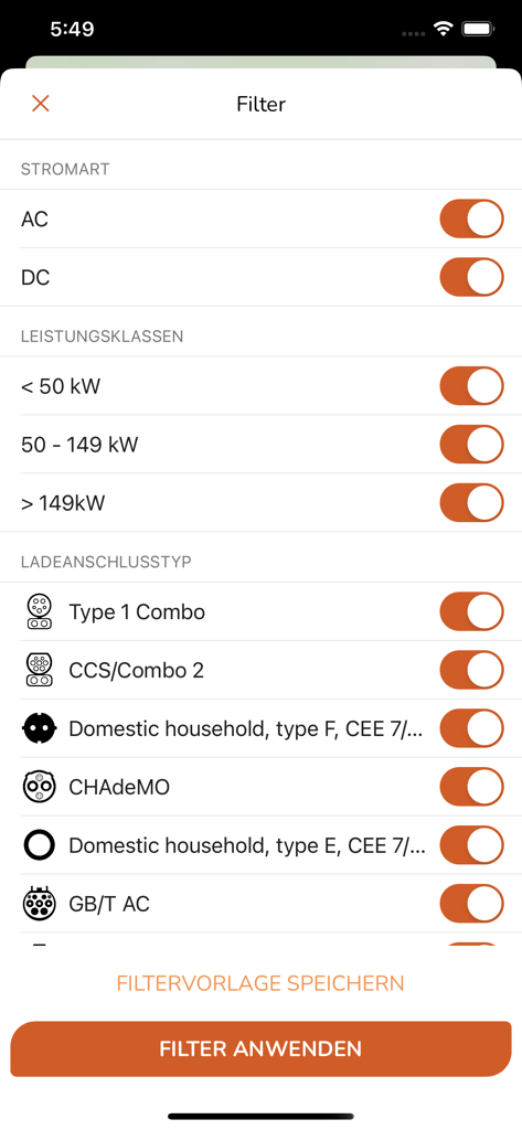 Écran de filtrage de l'application da emobil montrant les types de connecteurs de recharge pour véhicules électriques et les niveaux de puissance