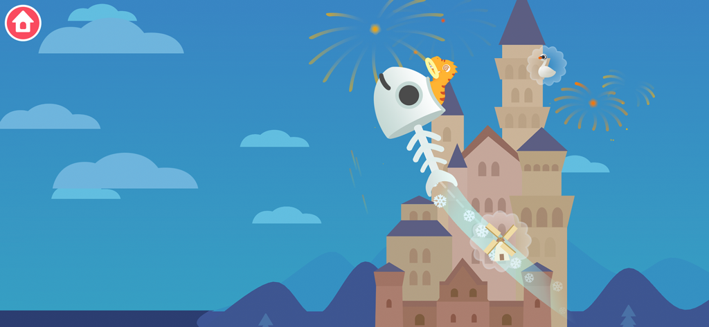 Dinosaur Plane Games for kids - Un piloto dinosaurio volando un avión con forma de espina de pez sobre un gran castillo con fuegos artificiales en el cielo nocturno.