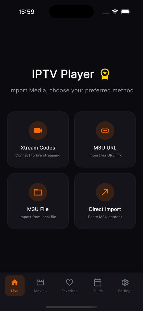 Flujo tv : Stream Player - Schermata di importazione multimediale di Flujo TV con opzioni Xtream Codes e M3U