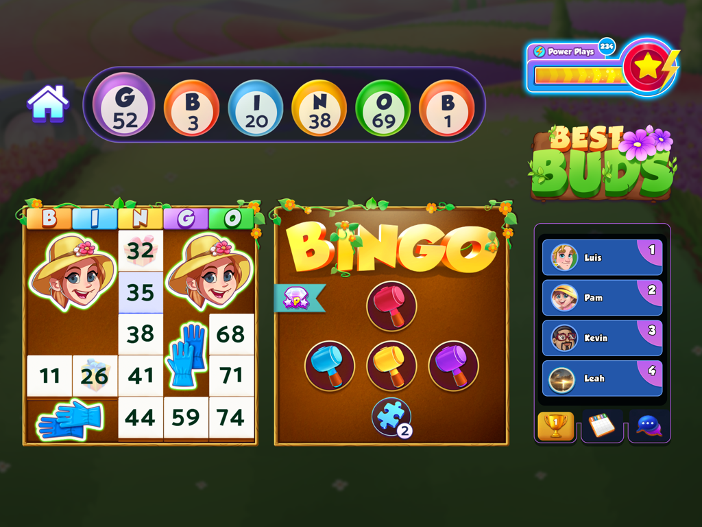 Bingo Bash HD Live Bingo Games - Gameplay screen of Bingo Bash showing a gardening-themed bingo card and a player leaderboard