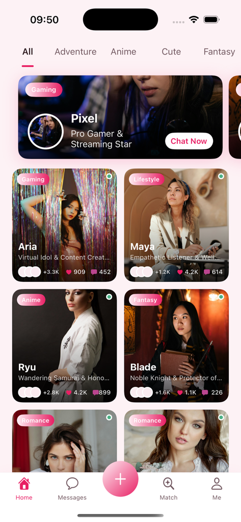 La pantalla de inicio de la aplicación Evara que muestra varios compañeros de IA disponibles para chatear, incluidos personajes de anime de fantasía y videojuegos.