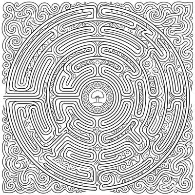 Discover the calming power of this intricate labyrinth coloring page. Its winding paths and central tree design offer a unique opportunity for mindful relaxation and creative expression.
