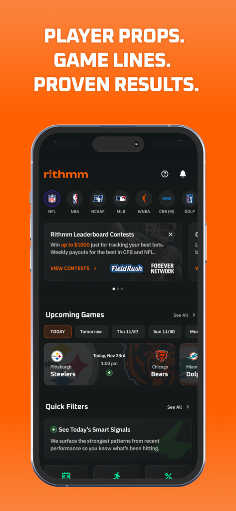 Pantalla de inicio de la aplicación de apuestas deportivas con IA de Rithmm que muestra predicciones de próximos partidos y props de jugadores