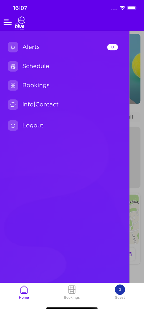 HIVE Padel - HIVE Padel mobile app side navigation menu with booking and schedule links
