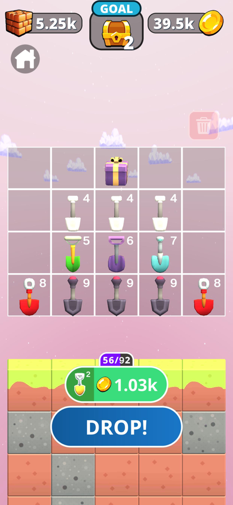 Merge and Dig - Interfaccia del gioco Merge and Dig che mostra una griglia di pale numerate e un pulsante di rilascio