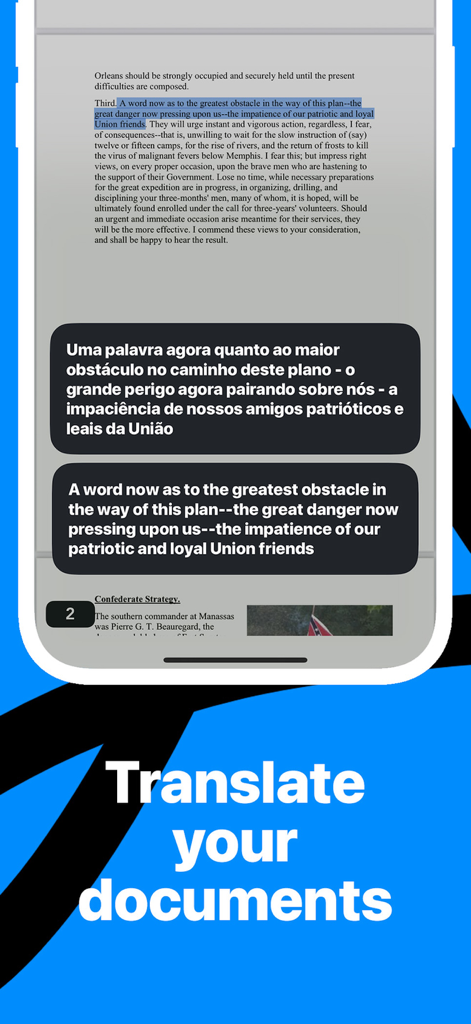 PDF Voice Reader - Docs Aloud - Uma captura de tela do aplicativo Leitor de Voz PDF demonstrando o recurso de tradução de documentos do inglês para o português.