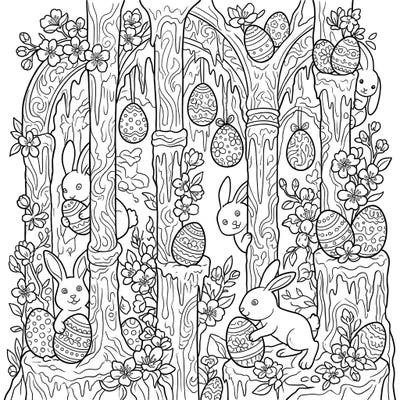 Discover a unique Easter wonderland featuring adorable bunnies, intricately decorated eggs, and delicate spring blossoms intertwined with fascinating ice column formations. This delightful coloring page offers a charming blend of winter's beauty and spring's cheer, perfect for seasonal creativity.