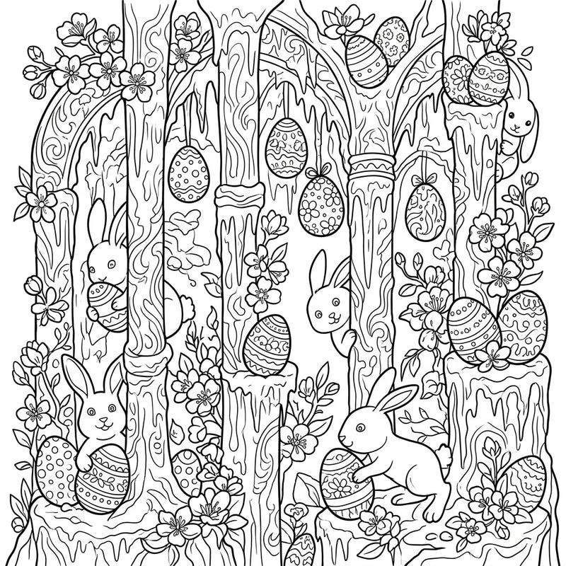 Discover a unique Easter wonderland featuring adorable bunnies, intricately decorated eggs, and delicate spring blossoms intertwined with fascinating ice column formations. This delightful coloring page offers a charming blend of winter's beauty and spring's cheer, perfect for seasonal creativity.