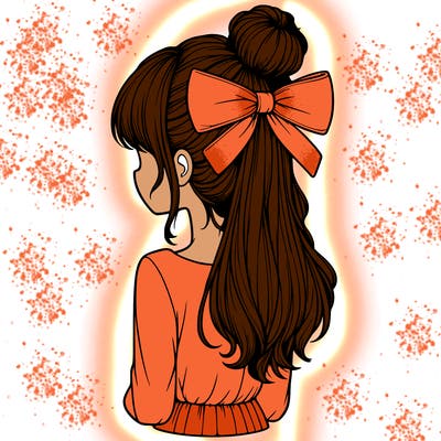 realistic girl  with hip length hair a bun and a big bow on the back of head