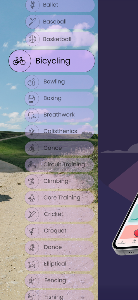 StepSense - Pantalla de la aplicación StepSense que muestra una lista completa de actividades físicas rastreables como ciclismo y boxeo