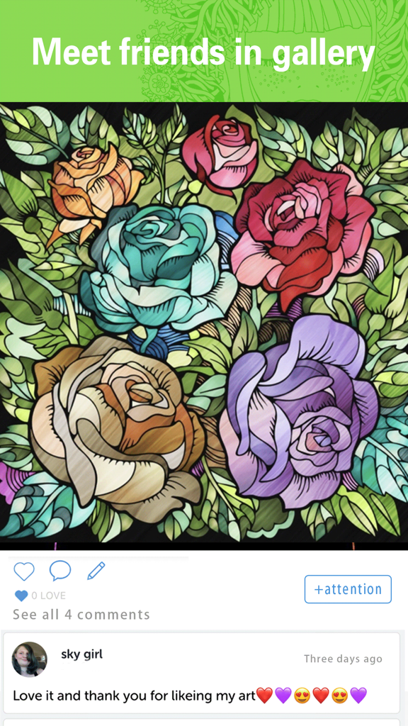 Colors-Recolor Book Colorfy - Pantalla de galería social que muestra un dibujo colorido de rosas con comentarios de usuarios y botones de interacción.