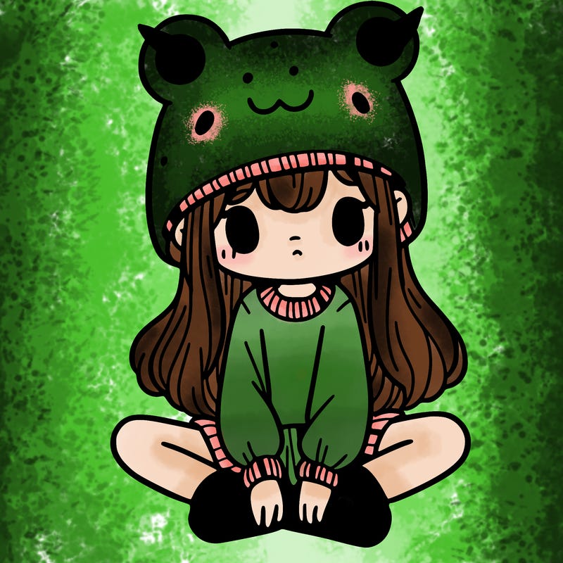 a girl wearing a frog hat and some frog socks