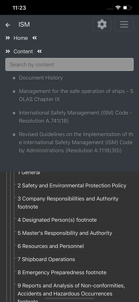 Menú de navegación y tabla de contenidos para la aplicación de regulación marítima cMate-ISM Safety Management