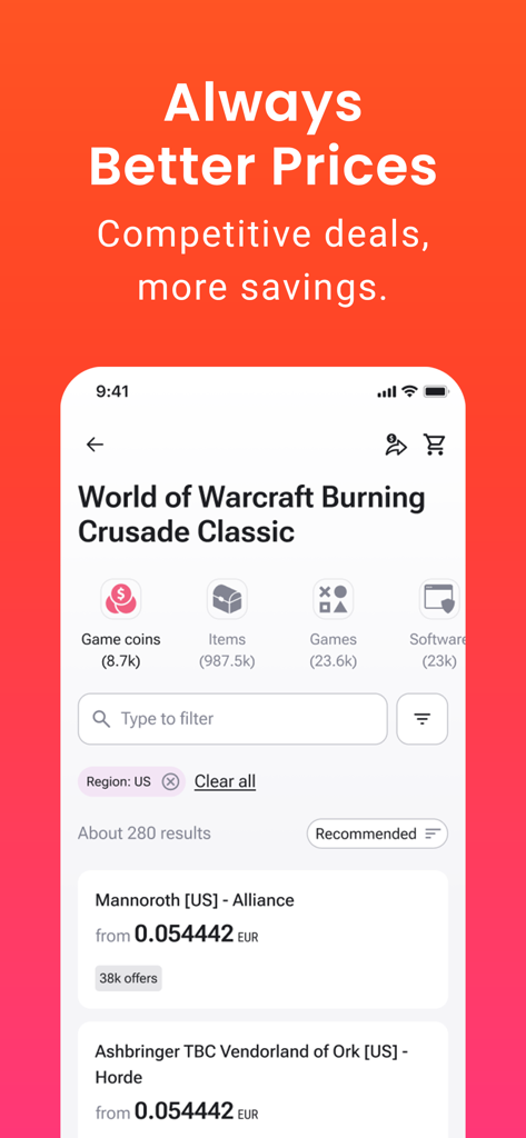 G2G - G2G app screen showing World of Warcraft game coins and currency prices for US servers