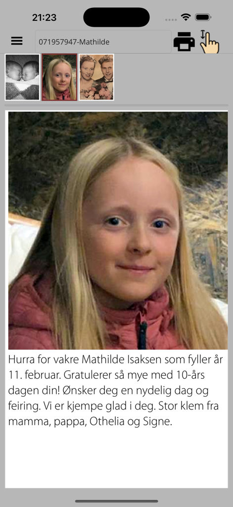 A local community birthday announcement in the HBlad news app