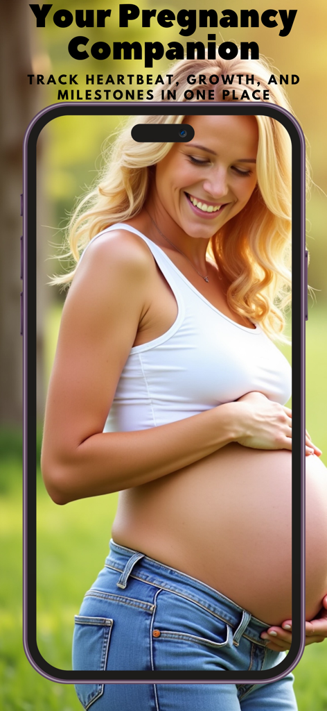 My Baby - Pregnancy Diary - Una mujer embarazada sonriendo sosteniendo su vientre dentro del marco de un smartphone con el título Tu Compañero de Embarazo.
