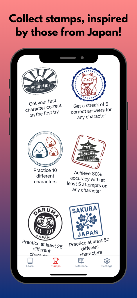 KanaDojo: Hiragana & Katakana - A mobile screen showing various Japanese themed stamps collected as achievements for learning Hiragana and Katakana