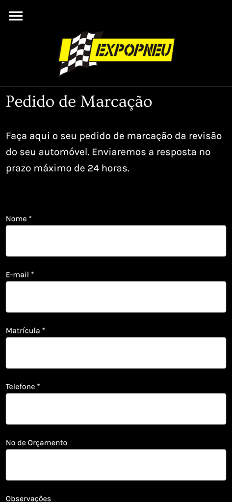 Expopneu - Expopneu mobile app interface showing a service appointment request form with input fields for name email license plate and phone number