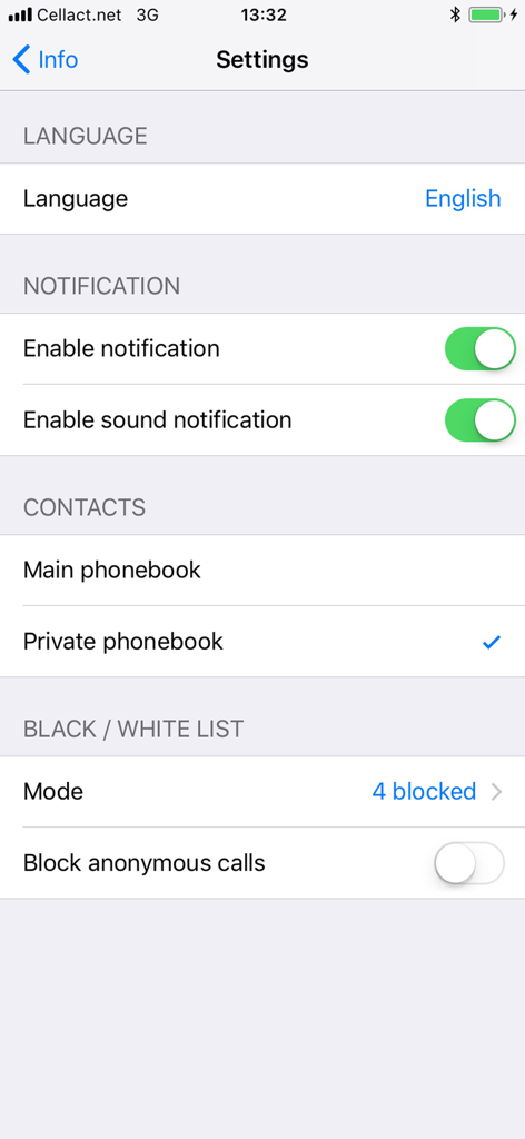 Secnum - Menú de configuración de la aplicación Secnum para gestionar notificaciones y privacidad de llamadas.