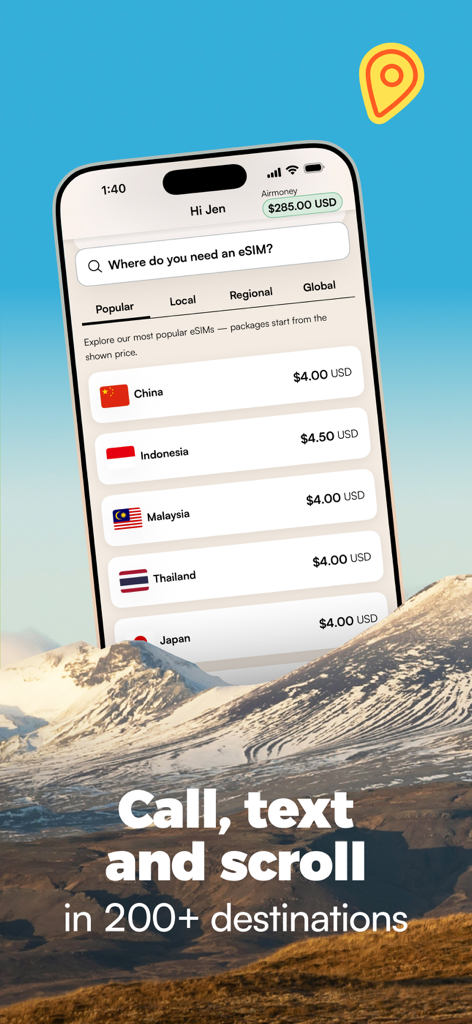 Smartphone screen displaying Airalo travel eSIM data plans for China, Indonesia, and Thailand against a mountain landscape.