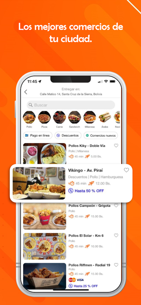 Mr delivery & Ecommerce - Mr deliveryアプリのモバイルインターフェース。ボリビア、サンタクルスの様々な地元レストランと食品配達の詳細を表示。
