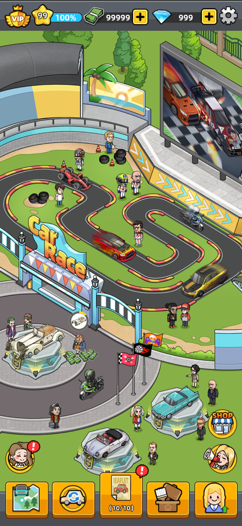 Used Car Tycoon Games - A cartoon car racing track in the Used Car Tycoon mobile game featuring various sports cars and characters around the circuit.
