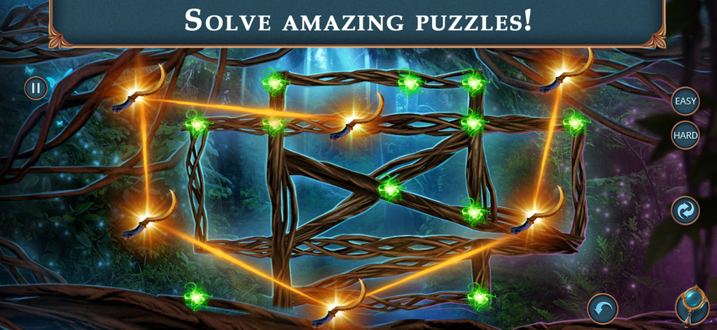 Royal Romances Forbidden Magic - Un puzzle de logique dans une forêt magique avec des faisceaux de lumière lumineux et des lames dorées
