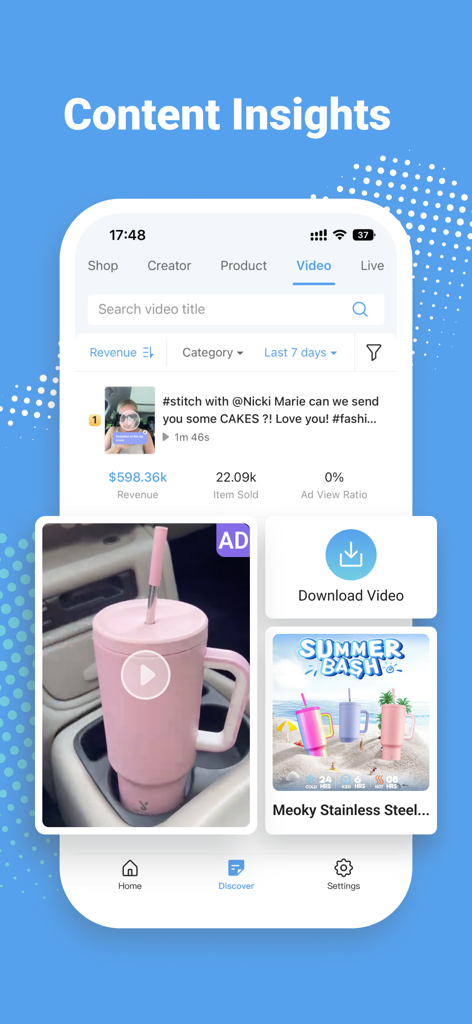 Kalodata - Kalodata-App-Oberfläche, die TikTok-Video-Content-Einblicke mit Umsatz- und Verkaufsmetriken anzeigt