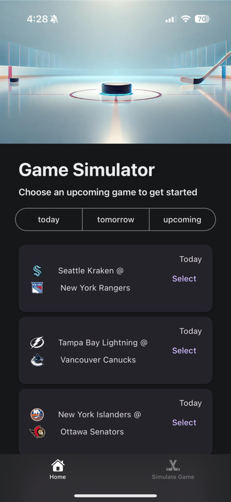 NHL 게임 시뮬레이터 앱의 홈 화면, 시뮬레이션을 위한 예정된 하키 경기 표시