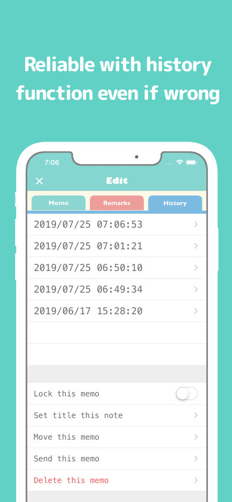 Interface of Simple Notepad showing the history tab with a chronological list of saved note versions for easy recovery.