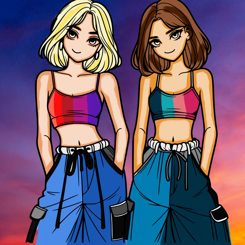 two girls with crop top with baggy pants
