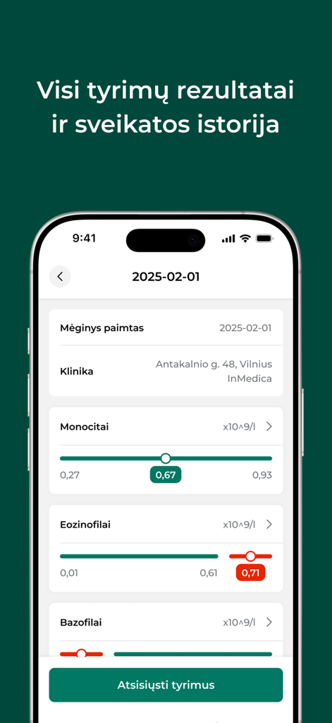 Meliva Lietuva - Interfaz de la aplicación móvil que muestra resultados de pruebas de laboratorio codificados por colores e historial médico