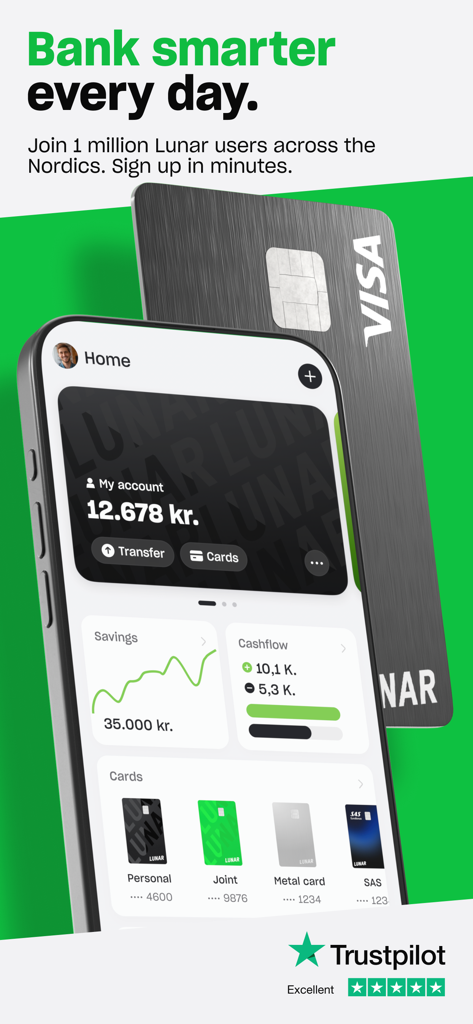 Lunar banking app home screen showing account balance savings and various card options with a metal Visa card in the background