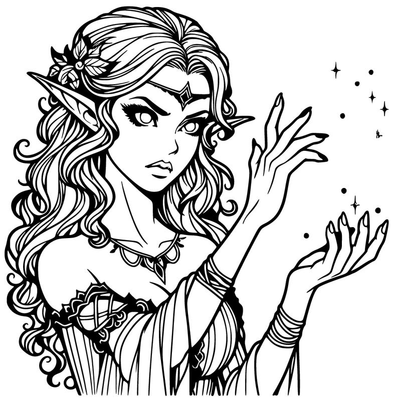 realistic scary beautiful elf casting a spell