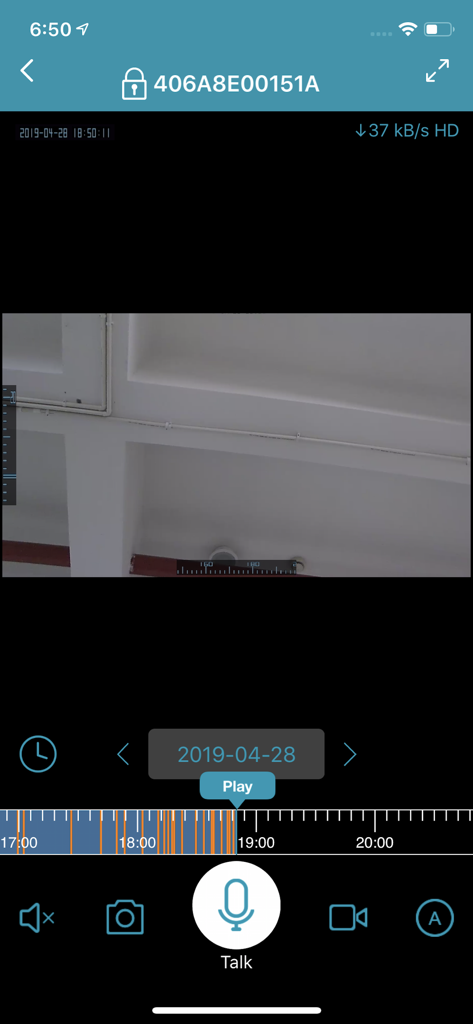 IPC360 app interface showing security camera playback with video timeline and two way talk button