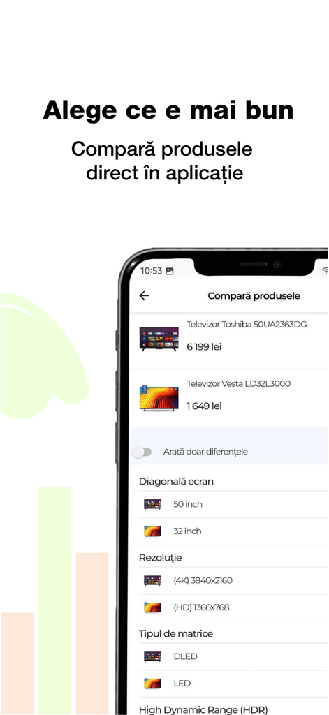 Pandashop.md - Screenshot der Pandashop Mobile App, der eine Produktvergleichsfunktion für Fernseher mit technischen Daten wie Bildschirmgröße und Auflösung zeigt.