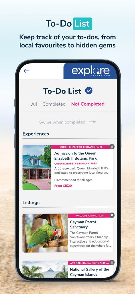 Explore Cayman - The To-Do List feature of the Explore Cayman app displaying a travel itinerary with local attractions like the Botanic Park and Parrot Sanctuary.