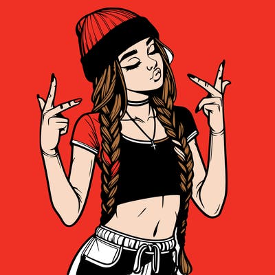 realistic teenage girl with braids and a beanie and crop top doing 🫶🏼