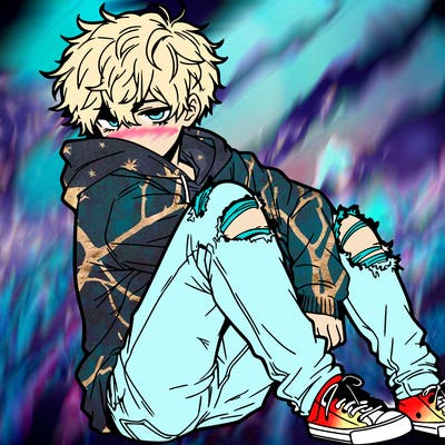 a male hoddie ripped jeans messy hair anime