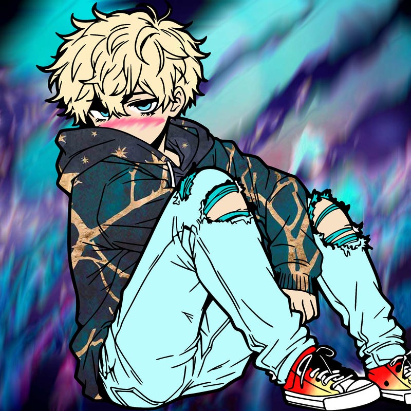 a male hoddie ripped jeans messy hair anime