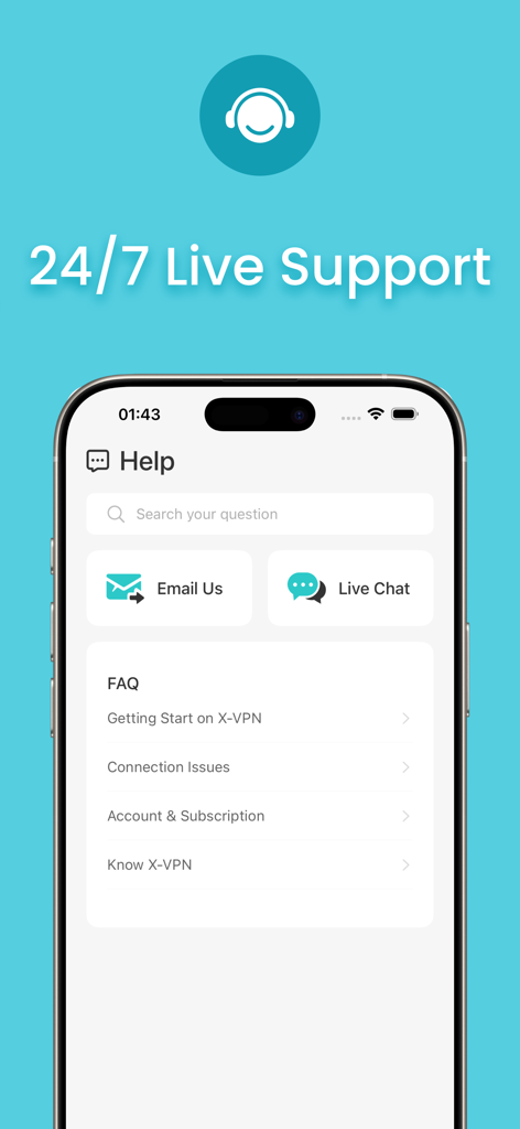 X-VPN app interface showing 24/7 live support options including email live chat and FAQ