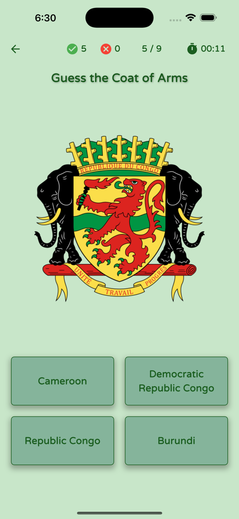 Uno screenshot dell'app Quiz sull'Africa che mostra una domanda a scelta multipla per identificare lo stemma della Repubblica del Congo.